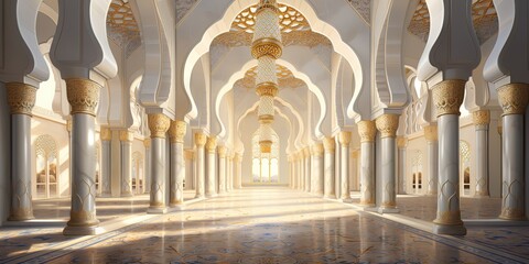 Fototapeta premium An illustration of the building inside the mosque with cream paint and golden yellow shades. generative AI