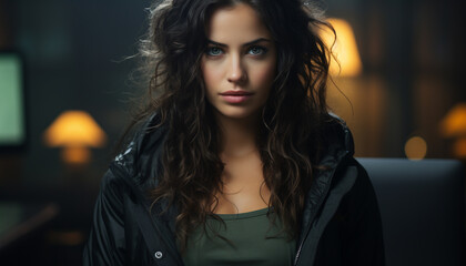 Fototapeta premium Young woman with long brown hair looking confidently at camera generative AI