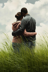 Naklejka na ściany i meble a teenage couple in love hugs on Valentine's Day in a meadow among tall grass, generative AI