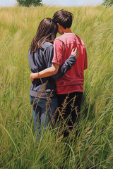 a teenage couple in love hugs on Valentine's Day in a meadow among tall grass, generative AI