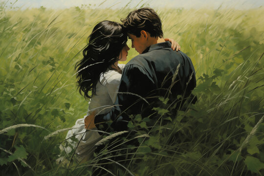 a teenage couple in love hugs on Valentine's Day in a meadow among tall grass, generative AI