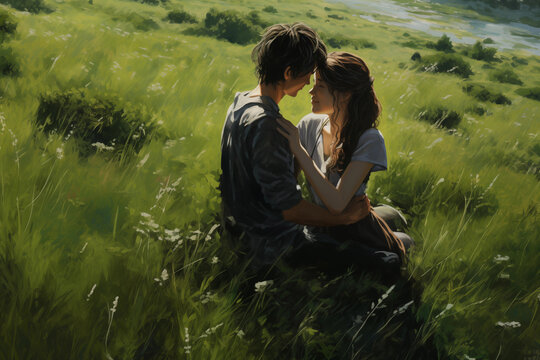 a teenage couple in love hugs on Valentine's Day in a meadow among tall grass, generative AI