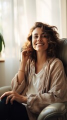A Happy woman sitting in comfortable chair in home design, relaxing, breathing fresh air. A smiling young female tenant or a tenant relaxing in an armchair relieves negative emotions