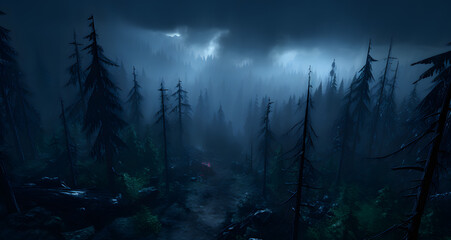 a dark forest with a trail running between them