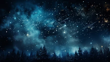 Fotobehang Glowing star field illuminates dark winter forest in abstract illustration generated by AI © Jemastock