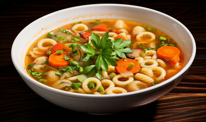 vegetarian soup with pasta and vegetables on a wooden table.