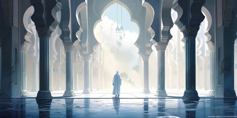 A person standing in a tall and majestic white mosque. generative AI
