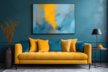 Beautiful interior of modern living room with comfortable sofa Generative AI