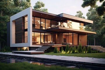 3d visualization of the house. Brick facade. House with large windows and flat roof. Modern architecture Generative AI