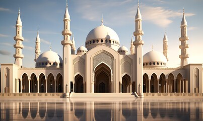 Fototapeta na wymiar A magnificent and luxurious cream-colored mosque with a blue sky as a background can be used for a Muslim to worship. generative AI