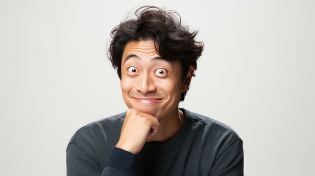 A Portrait of a funny Asian man on a white isolated transparent background.