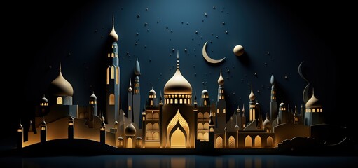 An illustration of a mosque with a background of night. generative AI - obrazy, fototapety, plakaty