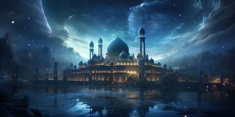 An illustration of a mosque with a background of clouds at night. generative AI - obrazy, fototapety, plakaty