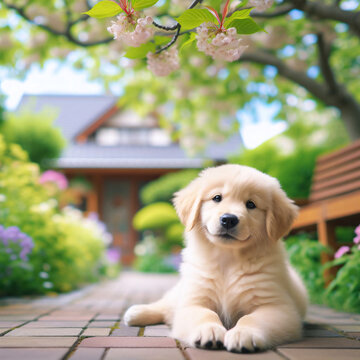 A cute puppy in the garden