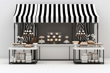 Elegant Black and White Striped Awning Market Stall, Adorned with Gourmet Pastries, Against a Clean White Canvas, Generative AI