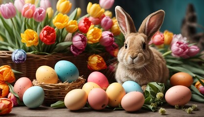 Happy Easter at home with colorful eggs, spring flowers and cozy rabbit