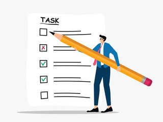 The balance of work and business strategy evaluation is depicted in this illustration. A professional uses a large pencil to mark achievements and confidently assess work plans.