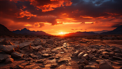 Obraz premium Majestic mountain peak, orange sky, tranquil meadow, serene nature generated by AI