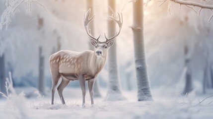 A reindeer stands on the frosted grass on an early winter morning in a snowy pine forest. winter animals, beautiful scenery - obrazy, fototapety, plakaty