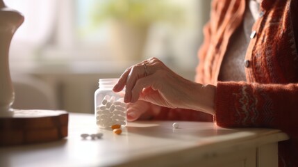 A Close up of Old woman closes pill bottle to take medicine, treat memory loss, high blood pressure or cholesterol level as painkiller, concept of treatment for diseases in old age - obrazy, fototapety, plakaty