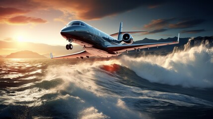 Luxurious private jet soaring above turquoise seas - exclusive aerial view wallpaper