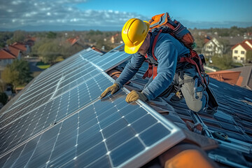 Solar cells are being fixed and put on the roof of the house by technicians..
