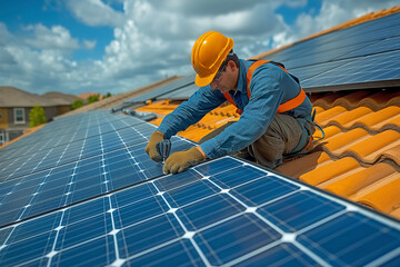 Solar cells are being fixed and put on the roof of the house by technicians..