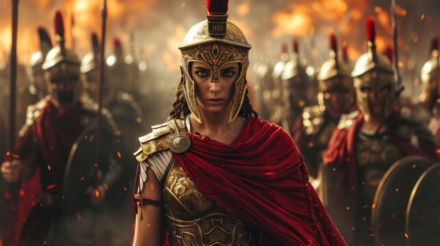 Beautiful ancient Roman female commander with the army on a battlefield.