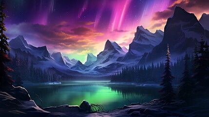 Fototapeta na wymiar the beautiful aurora is shown over the mountains at night, generative AI
