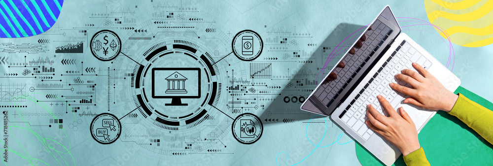 Poster cryptocurrency fintech theme with person using a laptop computer
