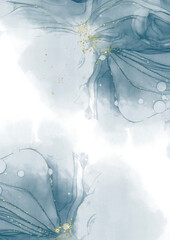 Obraz premium Abstract dusty blush liquid watercolor background with golden crackers. Teal turquoise marbled alcohol ink drawing effect with abstract navy blue ink waves and golden splashes elegant card design.