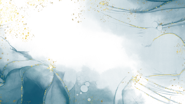 Abstract dusty blush liquid watercolor background with golden crackers. Teal turquoise marbled alcohol ink drawing effect with abstract navy blue ink waves and golden splashes elegant card design.