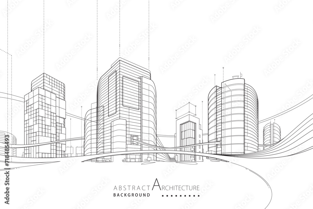 Aufkleber 3D illustration abstract modern urban building out-line black and white drawing of imagination architecture building construction perspective design. 
