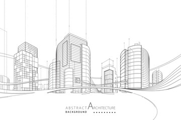 3D illustration abstract modern urban building out-line black and white drawing of imagination architecture building construction perspective design.  - 718485493