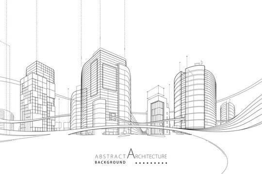 3D illustration abstract modern urban building out-line black and white drawing of imagination architecture building construction perspective design. 