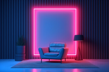 aesthetic room with glowing neon square backdrop and sofa