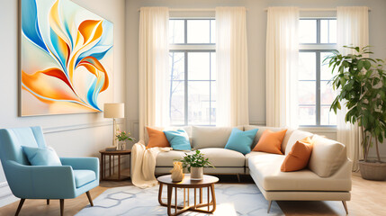 Cozy and Modern Apartment Interior, Elegant White Sofa in a Spacious Living Room with Stylish Decor and Wooden Elements