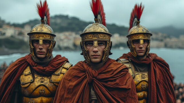 Roman warriors with helmets guarding a coastline.