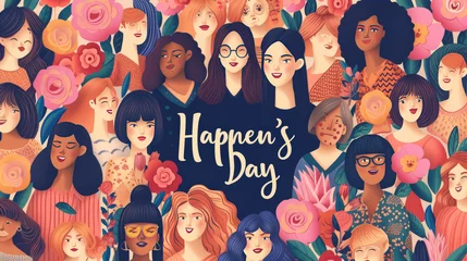 Deurstickers Digital artwork, Women's Day celebration theme, featuring diverse group of women, empowering, vibrant colors, elegant typography © Cheetose