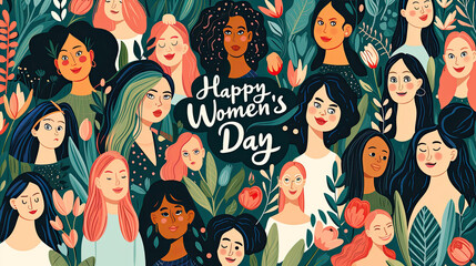 Digital artwork, Women's Day celebration theme, featuring diverse group of women, empowering, vibrant colors, elegant typography