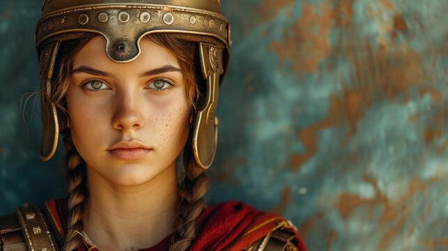 Ancient Rome, female roman warrior with golden helmet on blue wall background.