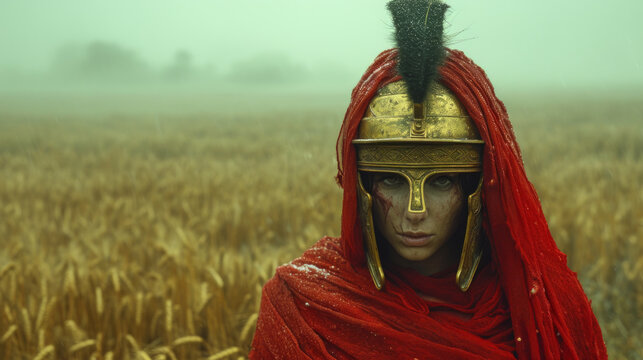 Roman female warrior with golden helmet hiding in the wheat field.