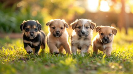 Four Adorable Puppies Enjoying Sunset on Grass