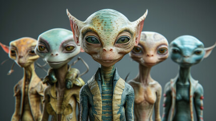 5 aliens with different types and skin colors of all races.