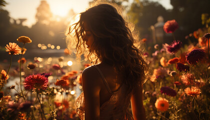 Young woman holding a flower, enjoying the beauty of nature generated by AI