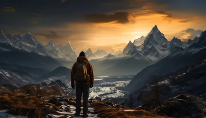 Foto op Plexiglas A lone hiker conquers the majestic mountain peak in autumn generated by AI © Jemastock