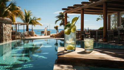 Summer drink by the swimming pool, a refreshing cocktail of water generated by AI