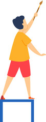Fototapeta premium Young boy painting with a brush, standing on a bench. Kid engaging in art, creativity and learning concept vector illustration.