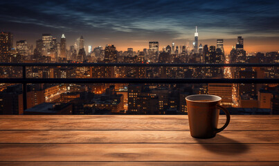 Coffee cup on wooden table with New York city view background