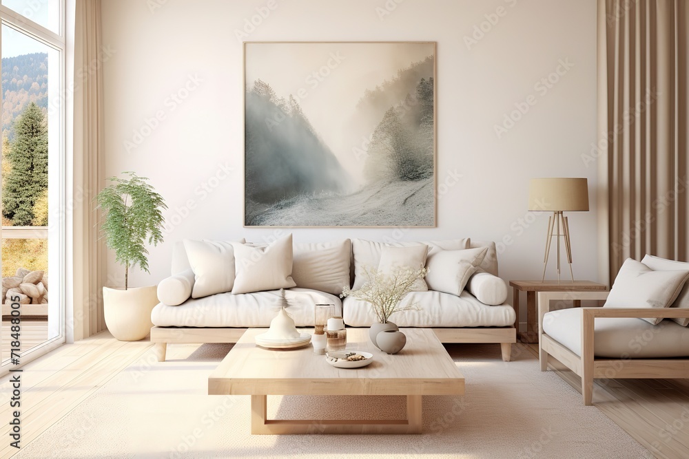 Poster minimalist lounge with fireplace and elegant sofa- 3d rendering generative ai